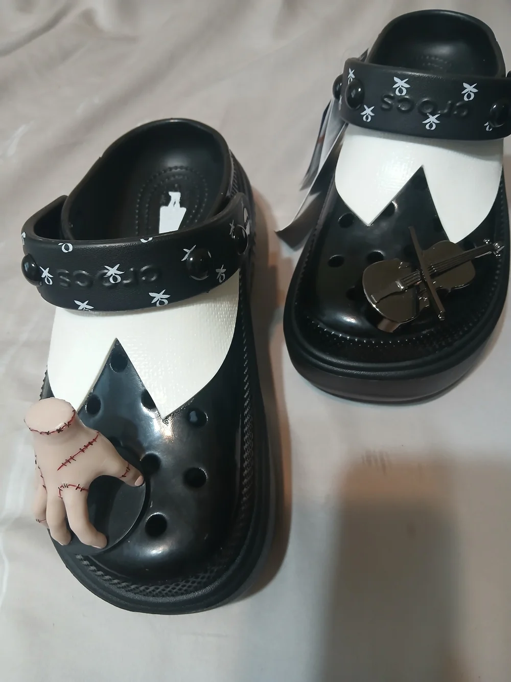 CROCS Black and White Platform Mary Jane Clogs with Detachable Hand Charm